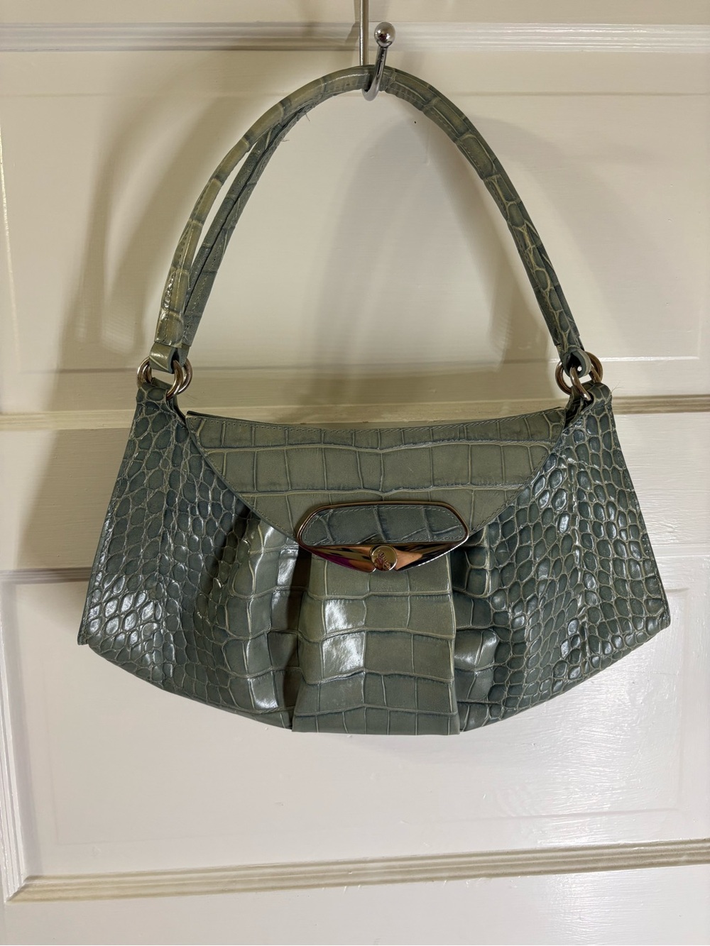 Furla Croc-Embossed Leather Shoulder Bag in Sage Green